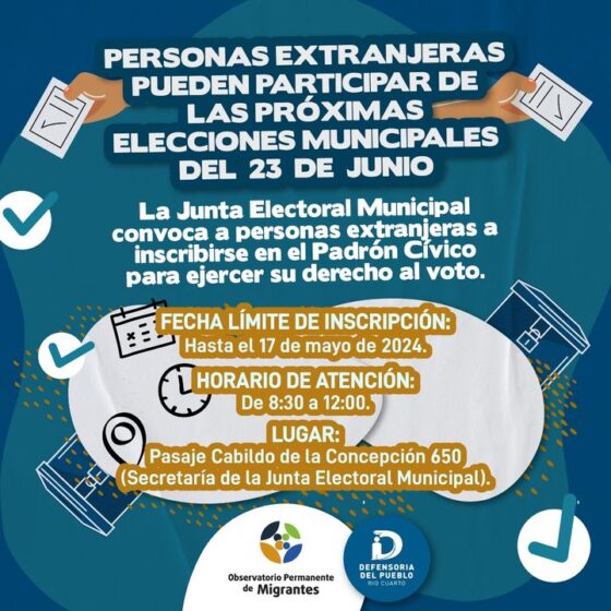 La Junta Electoral Municipal convoca a 𝗽𝗲𝗿𝘀𝗼𝗻𝗮𝘀 𝗲𝘅𝘁𝗿𝗮𝗻𝗷𝗲𝗿𝗮𝘀 a inscribirse en el Padrón Cívico para ejercer su derecho al voto